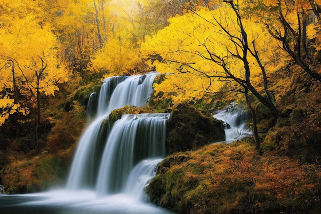 Schneller Gebirgsfluss, der durch Herbstwald fließt