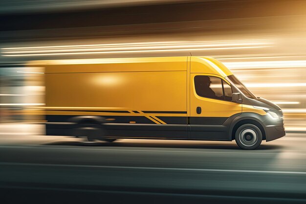 Foto schneller gelbe lieferwagen in bewegung auf städtischen straßen