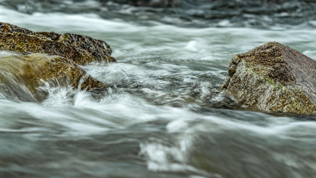 Schneller Quellfluss fließt über Felsen und bildet weiße Wasserwellen Nahaufnahme Detail abstrakte Natur Hintergrund