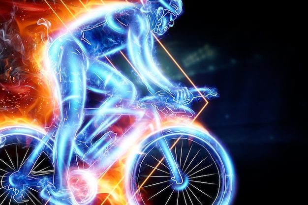 Schneller Radfahrer mit Flammenseitenansicht fährt sehr schnell neonblaues Hologramm Radrennen Radwettbewerb 3D-Illustration 3D-Renderkopierraum