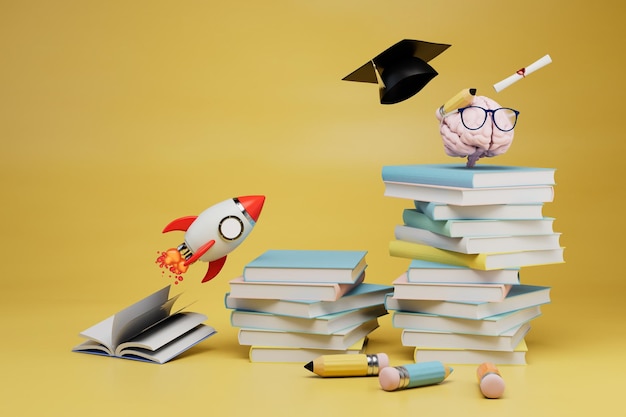 Schnelles Lernkonzept ein Gehirn mit einem Bleistift und einer Brille ein Master-Cap-Bücher und eine Rakete 3D-Rendering