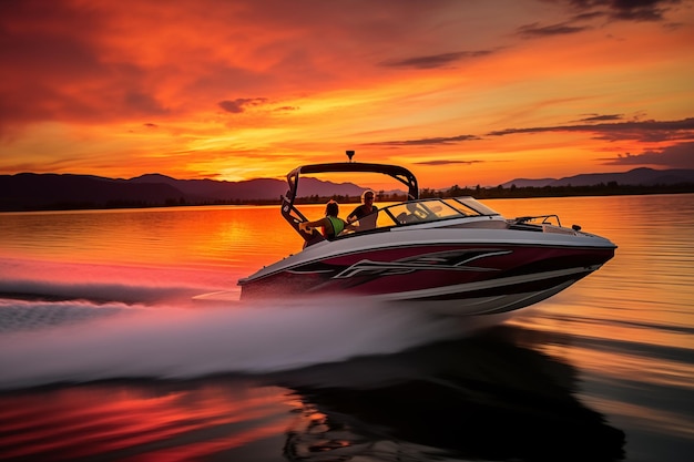 Schnelles Motorboot, das Wasserskifahrer in einem romantischen, lebendigen Sonnenuntergang schleppt Generative KI