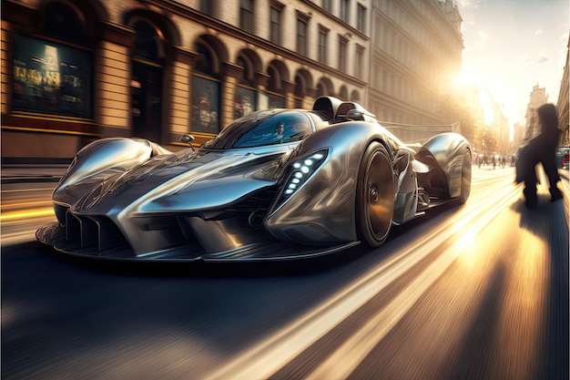 Schnelles silbernes Rennauto heller Himmels-Hypercar hetzt durch die Stadt