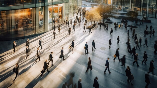 Schnelllauf-Ariel-Ansicht von Arbeitern, die in Geschäftszeiten zu Fuß gehen