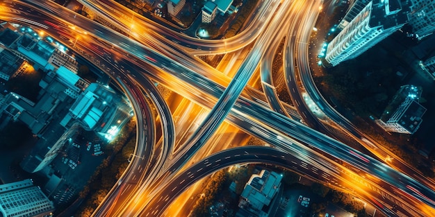 Schnellstraße Top View Straßenverkehr eine wichtige Infrastruktur Autoverkehr Transport über Kreuzung Straße in der Stadt Nacht Luftansicht Stadtbild von fortschrittlichen Innovation Finanztechnologie.