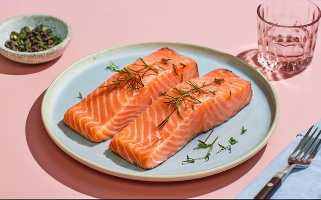 Schnitte frischer Lachs in einem rosa Teller auf einem rosa Tisch, bereit zum Kochen