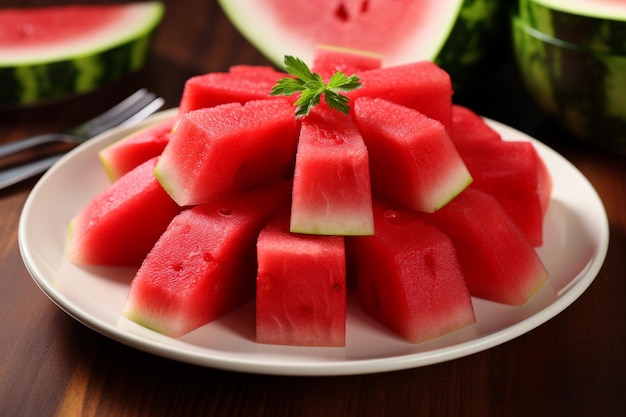 Schnitte saftige und leckere Wassermelonen auf einem weißen Teller