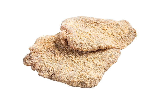 Schnitzel de frango cru Escalope em pão ralado Isolado no fundo branco