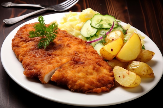 Schnitzel de porco com batatas e couve