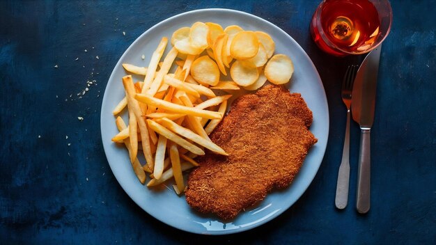 Foto schnitzel panado casero con patatas fritas pollo frito con papas fritas fo europeo