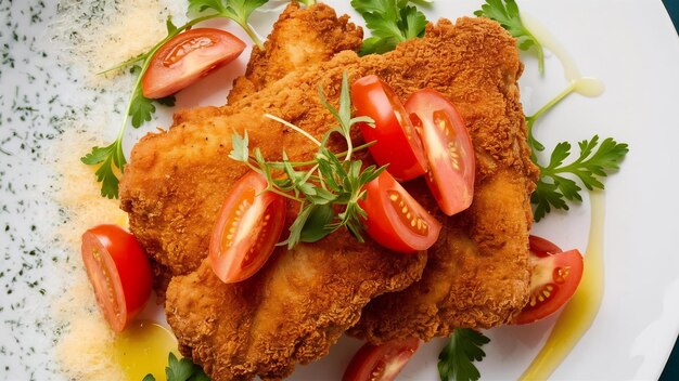 Foto schnitzel de pollo con tomate y verde