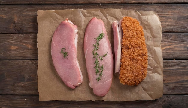 Schnitzel Wiener não cozido em migalhas de pão carne de porco crua fundo de madeira