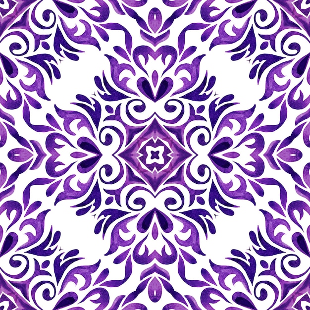 Schnörkel lila und weiße handgezeichnete Fliese nahtlose ornamentale Aquarellfarbe Muster Wunderschöner Damasthintergrund Handdrwn-Fliesenmosaik