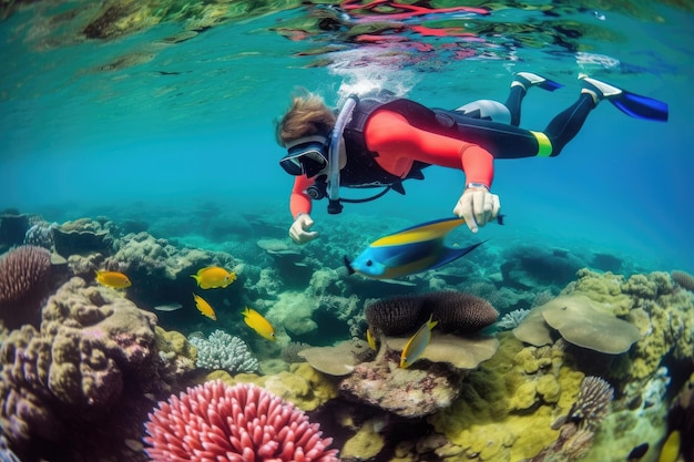 Schnorchler mit Unterwasserkamera erkundet farbenfrohes Riff, das mit generativer KI erstellt wurde