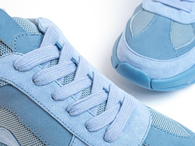 Schnürsenkel mit blauem Farbmuster Nahaufnahme der Schnürung als Hintergrundtextur für Design Schnürsenkel, Schnürsenkel oder Schnürsenkel