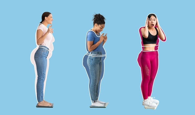 Schockiert lächelnde internationale junge Frauen übergewichtige Frauen, die herumgezogen werden, um das Gewicht auf der Waage zu überprüfen