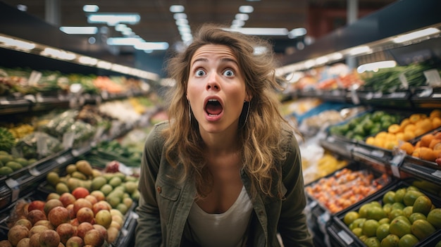 Schockierte Frau schaut beim Einkaufen im Supermarkt ungläubig auf die Lebensmittelpreise