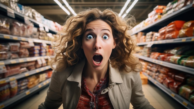 Schockierte Frau schaut beim Einkaufen im Supermarkt ungläubig auf die Lebensmittelpreise