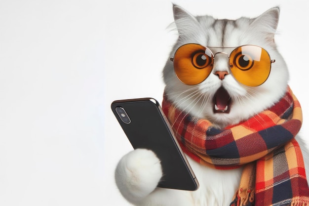 Schockierte Katze mit Sonnenbrille und Smartphone auf weißem Hintergrund