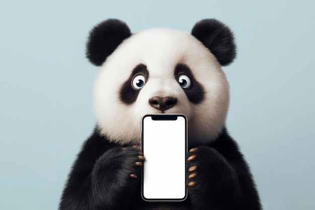 Schockierte Panda hält ein Smartphone mit weißem Mockup-Bildschirm auf solidem Farbhintergrund ai generativ