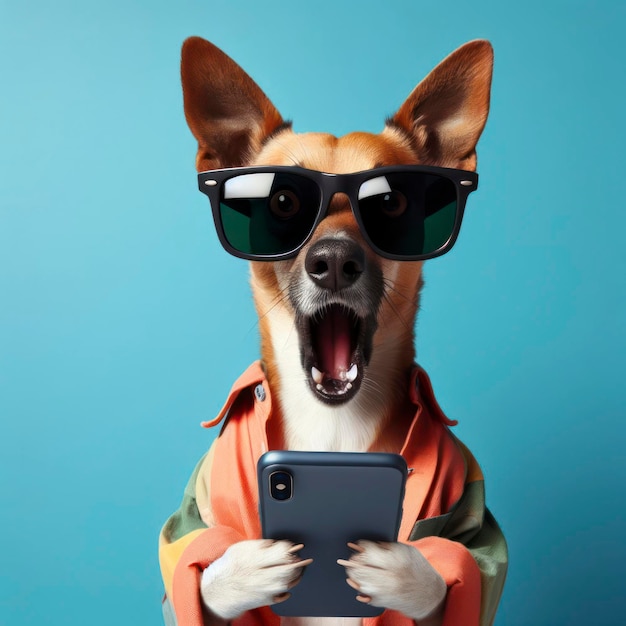 Schockierter Hund mit Sonnenbrille hält Smartphone-KI generativ in der Hand