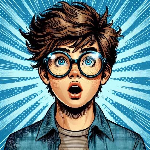 Foto schockierter junge mit brille im comic-stil