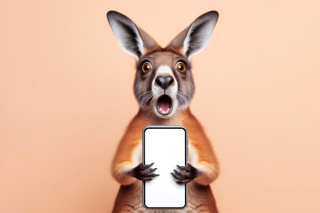 Schockierter Kangaroo hält ein Smartphone mit weißem Mockup-Bildschirm auf einem farbigen Hintergrund ai generativ