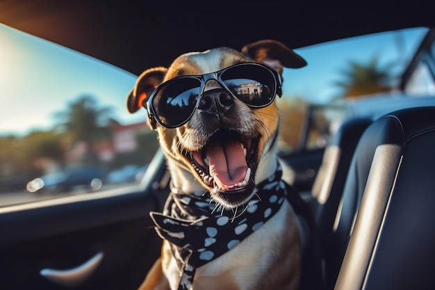 Schockierter süßer Hund mit dunklen Brillen und offenem Mund