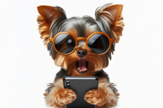 Schockierter Yorkshire Terrier mit Sonnenbrille und Smartphone auf weißem Hintergrund