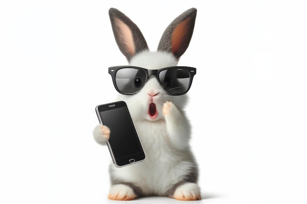 Schockiertes Kaninchen mit Sonnenbrille und Smartphone auf weißem Hintergrund