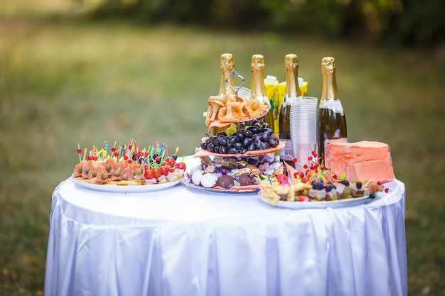 Schön dekorierter Tisch bei der Feier im Park Hochzeit Geburtstag Romantisches Abendessen im Garten Jubiläum Schöne Glaswaren Sonnenlicht