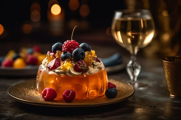 Schön dekoriertes Dessert mit einem Glas süßem Wein AI Generated