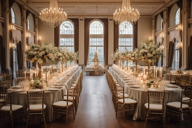 Schön geschmückter Hochzeitsempfangssaal mit eleganten Tischdekorationen und üppigen Blumenarrangements