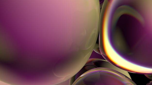 Schöne 3D-Darstellung von Blasen mit abstrakten Reflexionen. Fließen Sie moderne Farben. Glatte runde Formen.