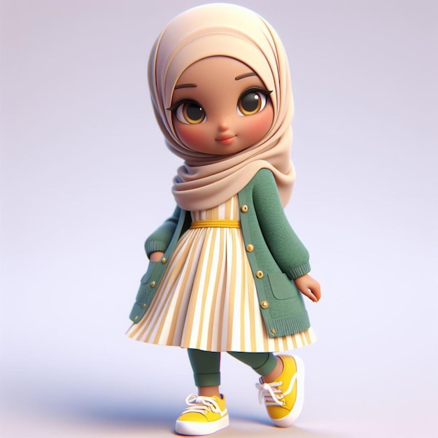 Schöne 3D-Frauen-Chibi-Figur im Hijab mit einem Kleid mit grünem Cardigan und gelben Streifen