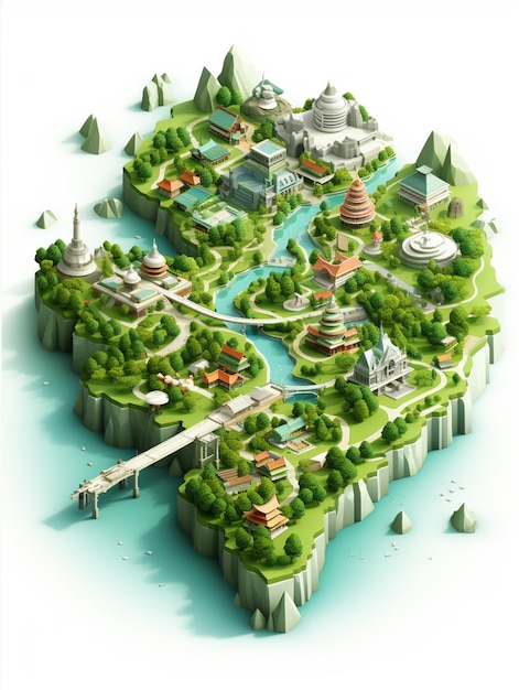 Schöne 3D-Karte, Stadtbild, asiatische Architektur und Naturlandschaft
