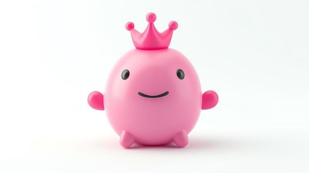 Schöne 3D-Rendering eines rosa Blob-Charakters, der eine Krone trägt. Der Blob hat einen glücklichen Gesichtsausdruck und sitzt auf einem weißen Hintergrund.