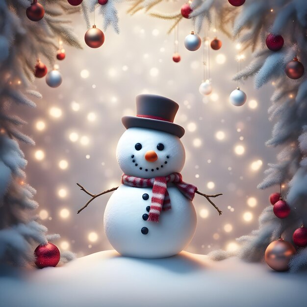 Foto schöne 3d-schneemann in einem blumigen weihnachts-hintergrund an der wand