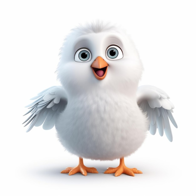 Schöne 3D-Weißflügel-Cartoonvogel mit großen Augen