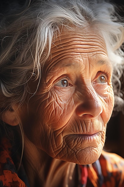 Schöne 96-jährige Frau mit vielen Falten und Frecken im Gesicht