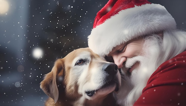 Foto schöne abbildung des weihnachtsmanns mit einem liebenswerten hund