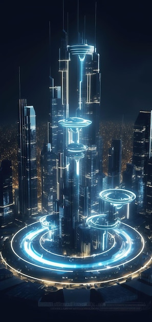 Schöne abstrakte futuristische Stadt und futuristische Architektur leuchtende Lichter Generative Ai