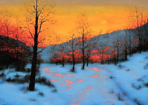 Foto schöne abstrakte landschaftsmalerei mit leuchtend orangefarbenem sonnenuntergang auf papierleinwand generative ai