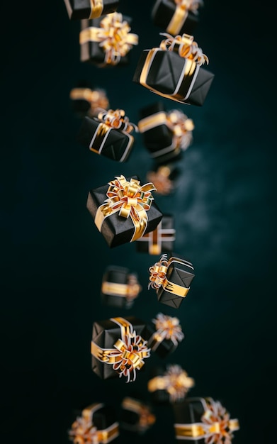 Schöne abstrakte Weihnachts-Hintergrund Der Fluss von Geschenkkisten auf schwarzem Hintergrund Schwarzer Freitag Konzept 3D-Illustration