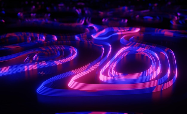 Schöne abstrakte Welle Technologie Hintergrundeffekt Unternehmenskonzept 3D-Render abstrakter Panorama-Hintergrund Neonlicht leuchtende Linien virtuelle Realität Kopierraum abstrakte Wellentechnologie