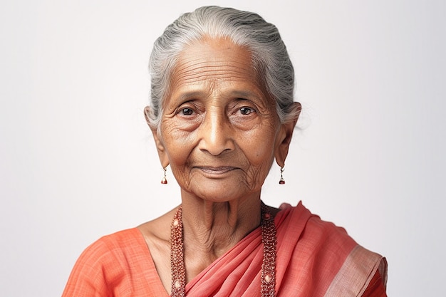 Schöne ältere indische Frau in einem schönen Saree auf weißem Hintergrund