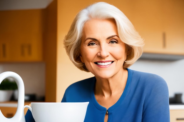 Schöne ältere reife Frau, die gesundes und leckeres Essen in der Küche zubereitet
