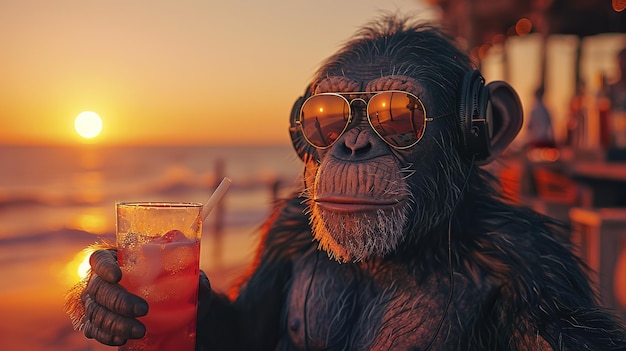 Schöne Affe mit Sonnenbrille ruht sich am Strand vor dem Hintergrund von Meer und Sonne aus