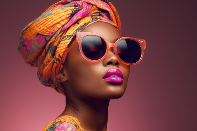 Schöne afrikanische Frau mit trendiger rosa Sonnenbrille