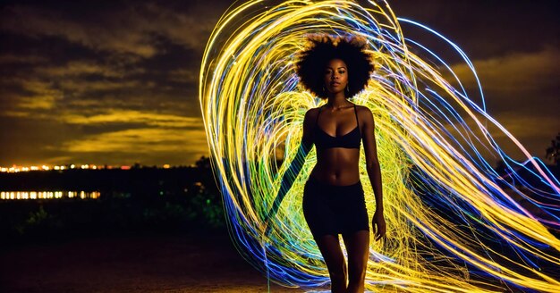 Foto schöne afroamerikanische frau mit afro-frisur und skizziert in licht ai generativ